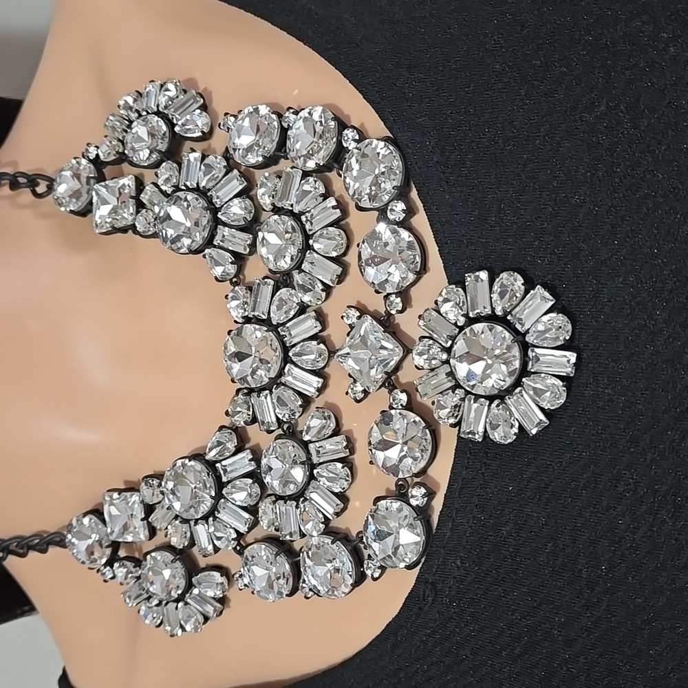Clear Rhinestone/Black Metal Statement Necklace